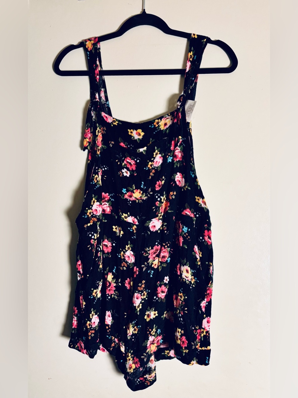 Lucy Love Women’s Floral Print, Short Overalls, Black, Whimsical, Size Large